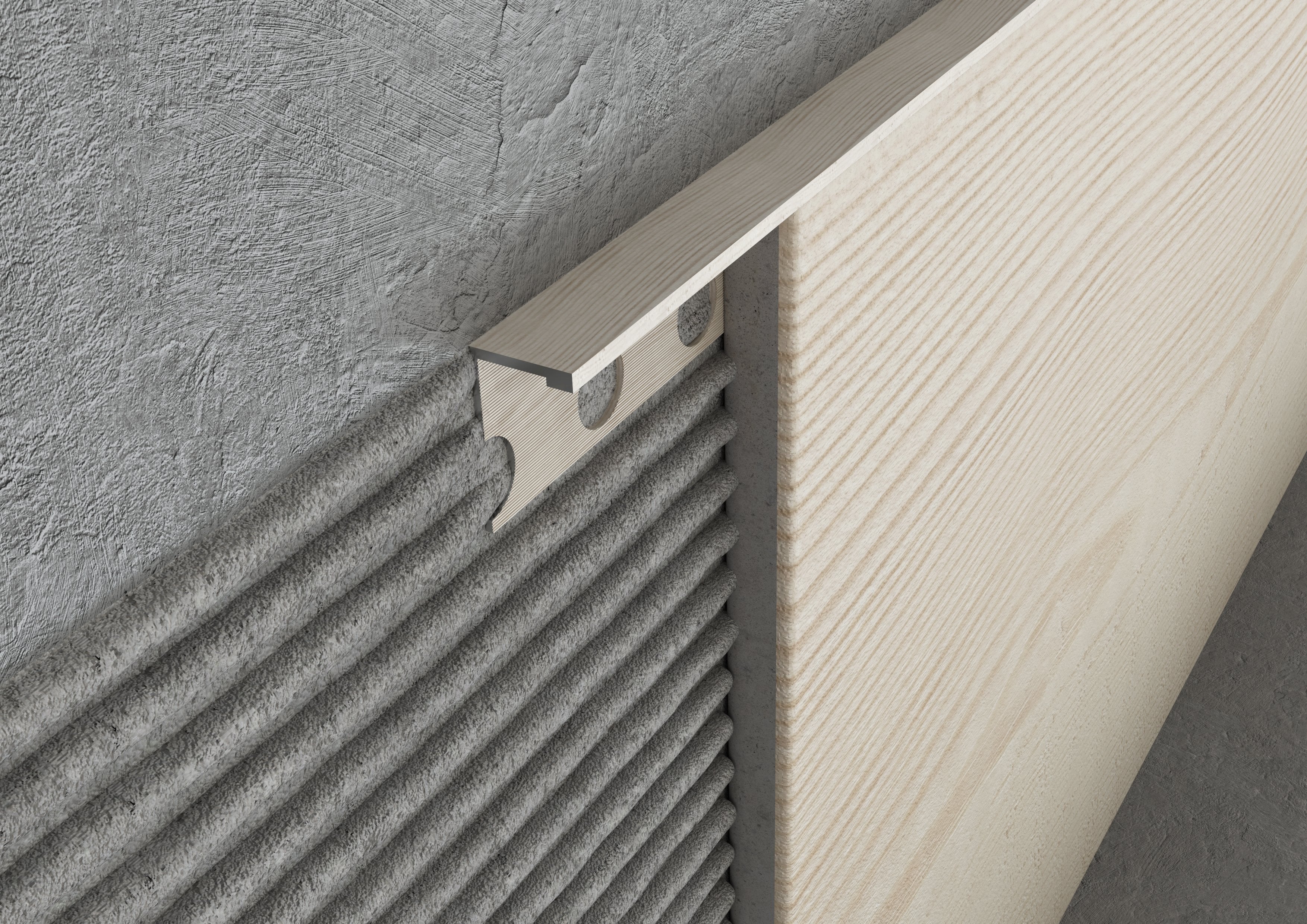 Profilo terminale e delimitazione in ALLUMINIO - Finitura LEGNO. Barra 2.5 m CODICE: finitura Faggio. Spessore per piastrelle 12 mm. Barra 2.6 m