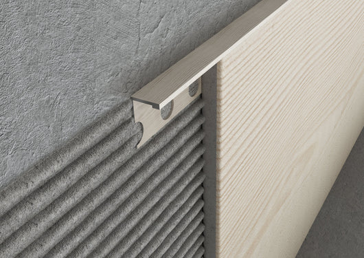 Profilo terminale e delimitazione in ALLUMINIO - Finitura LEGNO. Barra 2.5 m CODICE: finitura Faggio. Spessore per piastrelle 12 mm. Barra 2.6 m