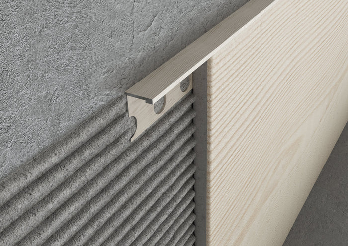 Profilo terminale e delimitazione in ALLUMINIO - Finitura LEGNO. Barra 2.5 m CODICE: finitura Faggio. Spessore per piastrelle 12 mm. Barra 2.6 m