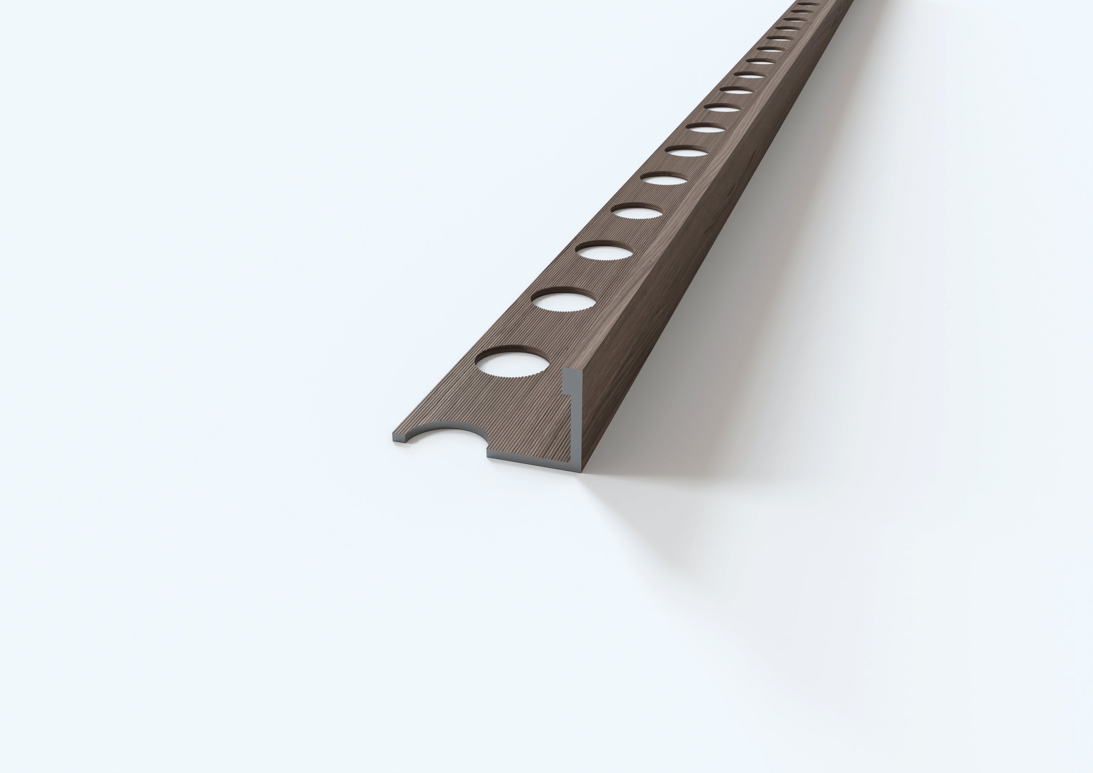 Profilo terminale e delimitazione in ALLUMINIO - Finitura LEGNO. Barra 2.5 m CODICE: Finitura Quercia. Spessore per piastrelle 12 mm. Barra 2.6 m