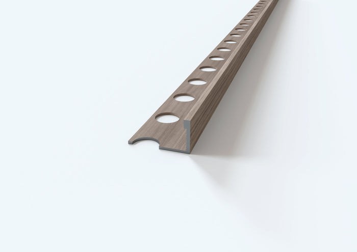 Profilo terminale e delimitazione in ALLUMINIO - Finitura LEGNO. Barra 2.5 m CODICE: Finitura Noce. Spessore per piastrelle 12 mm.  Barra 2.6 m