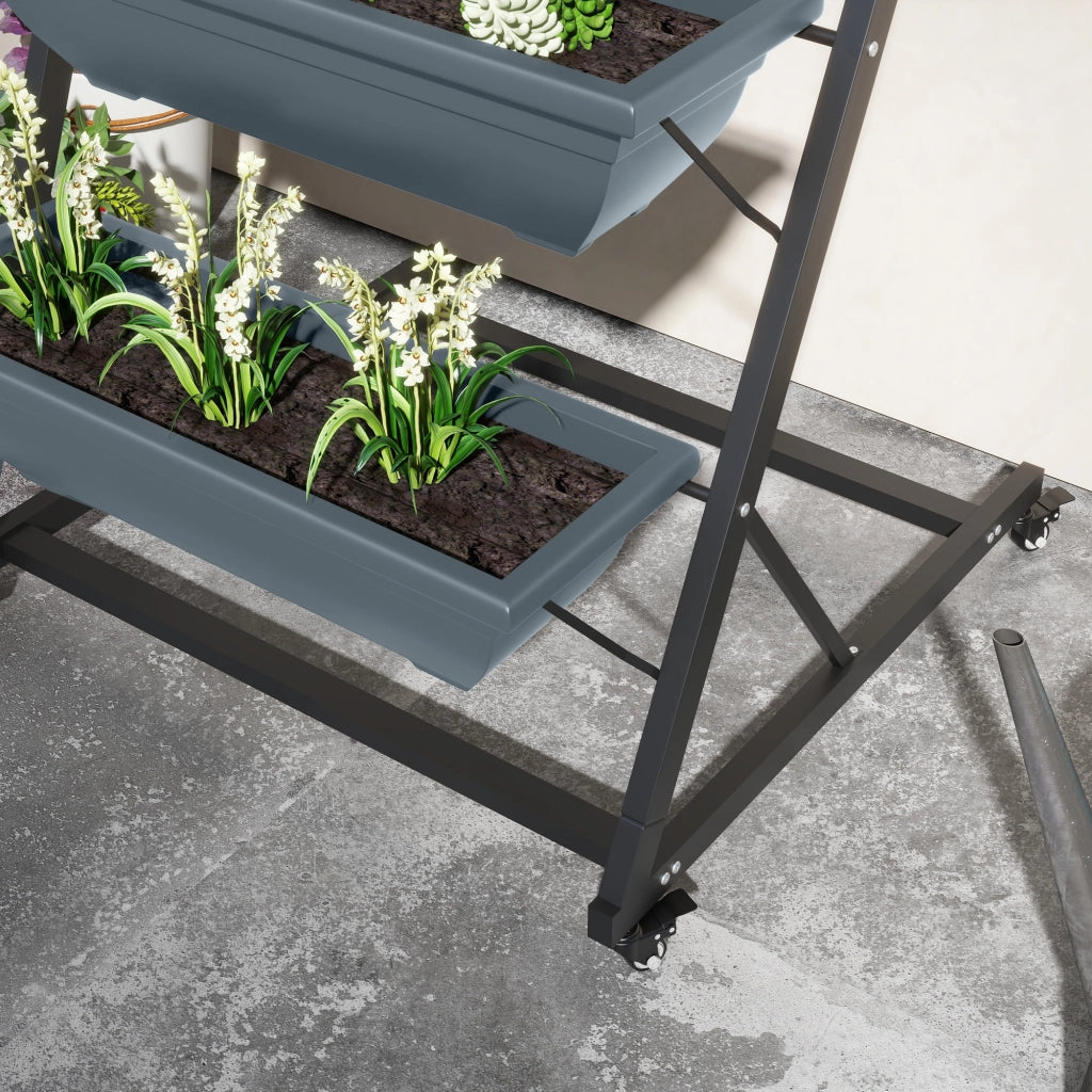 Fioriera a 4 livelli in acciaio grigio con vasi in plastica, design salvaspazio per interno ed esterno