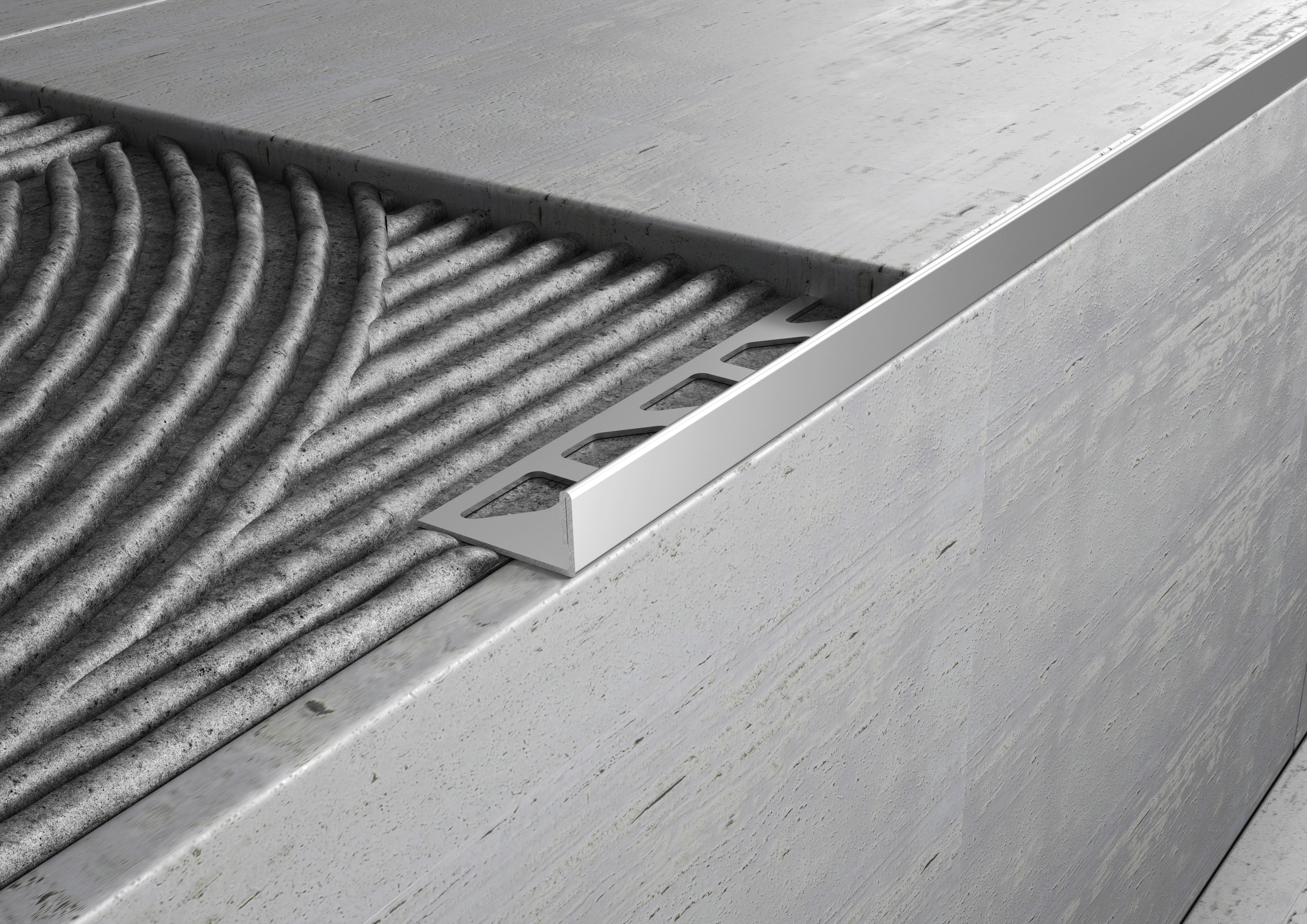 Profilo terminale in ACCIAIO per gradini e scale. Barra 2.5 m SPESSORE ACCIAIO: MM 1, FINITURA: Lucido, SPESSORE PER MATTONELLA: MM 8