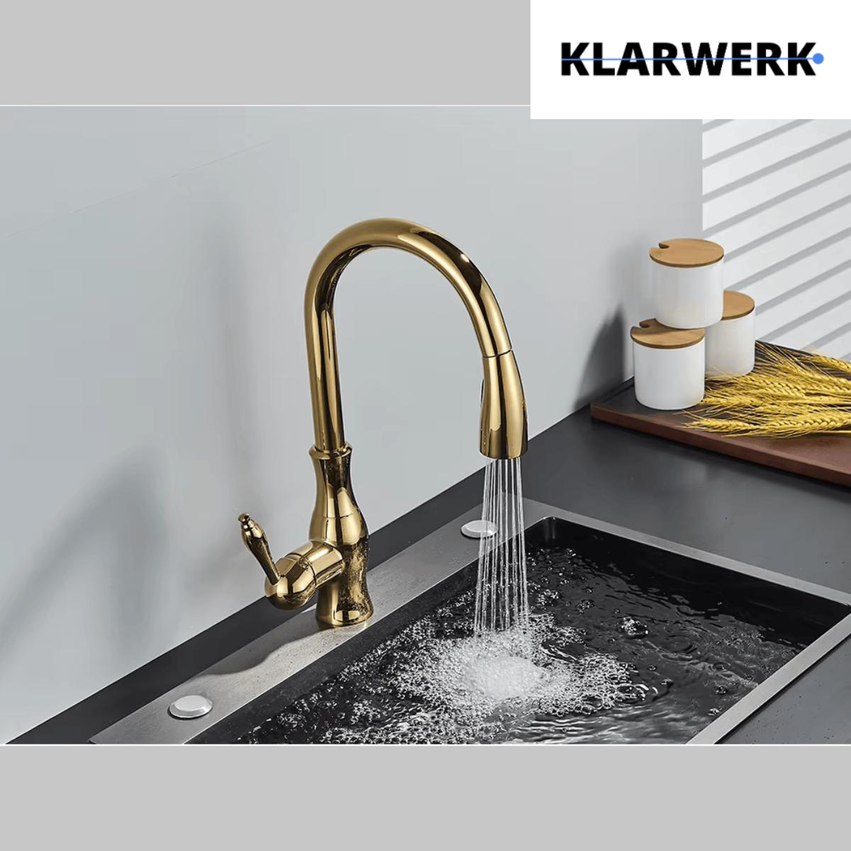 NAVIS | Elegante rubinetto cucina estraibile in acciaio inox dorato, arco alto, miscelatore di lusso, alta pressione, 360°, 2 attacchi