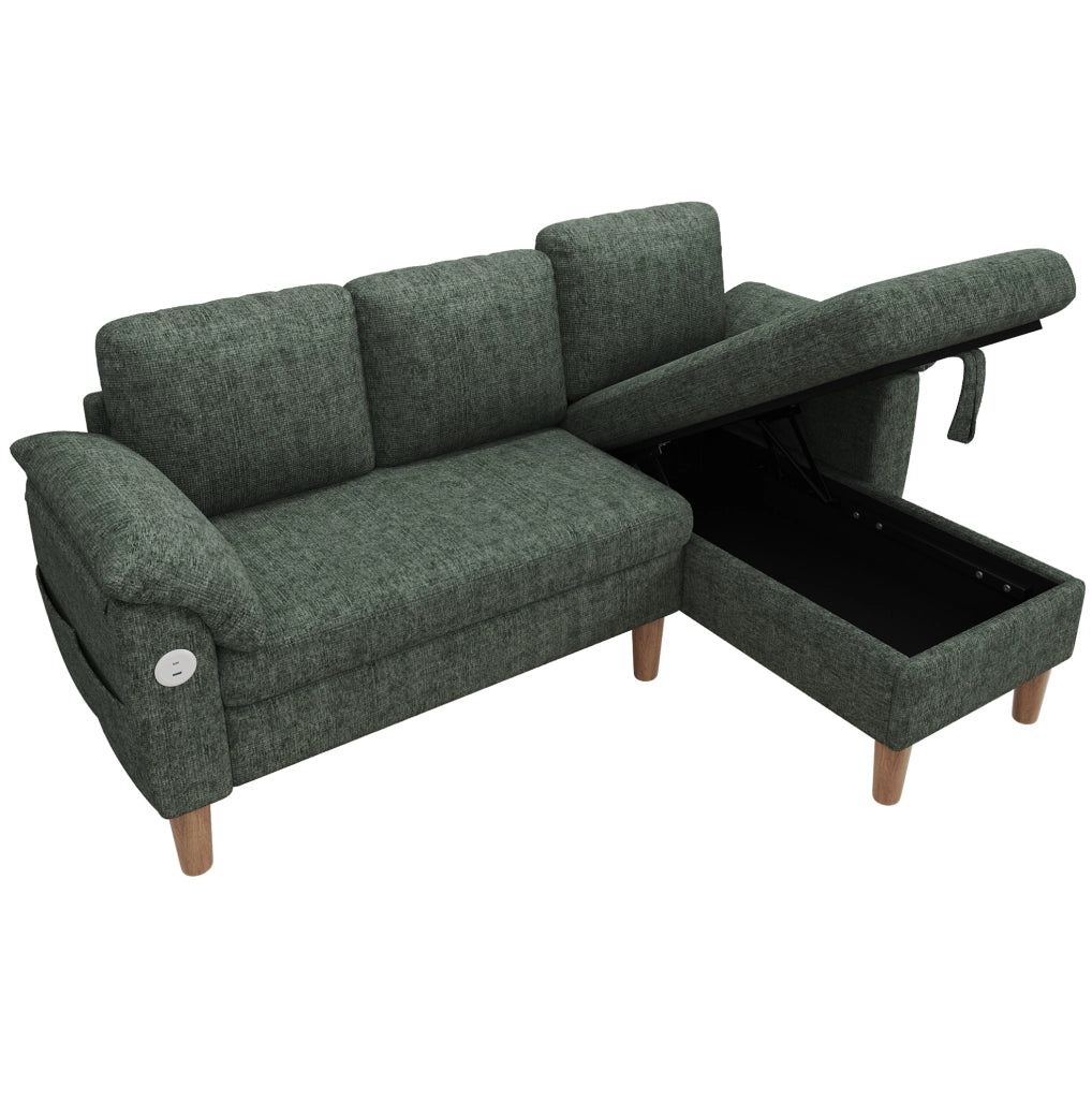 Divano angolare modulare 3 posti con chaise longue reversibile; contenitore; USB e Type-C; ciniglia verde