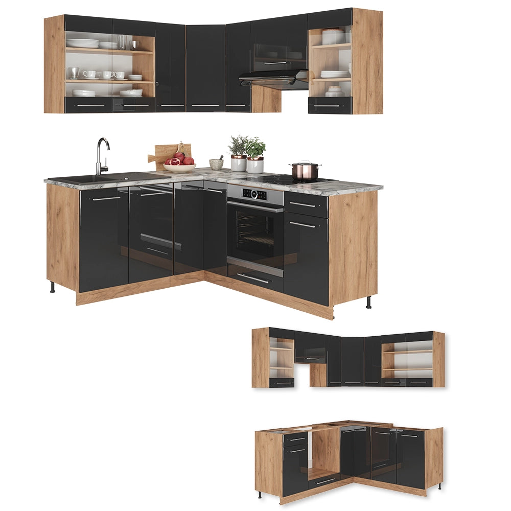 Vicco Cucina angolare completa Antracite lucido/oro power oak 160 x 190 cm , PL Antracite
