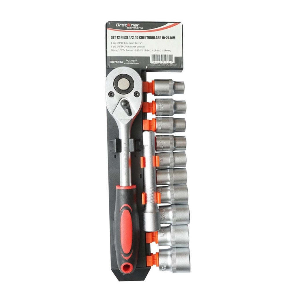 Set di chiavi a bussola con cricchetto da 1/2" Cr-V, bussole 10 pezzi, cricchetto, prolunga, Breckner Germany