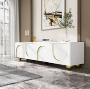 Cassettiere TV - Dressore - Lussuoso - Comodino TV - 4 Porte - Porte a Tessitura - Ornamenti d'Oro - Supporti d'Oro - Senza Maniglie - Apertura a Spinta - Bianco