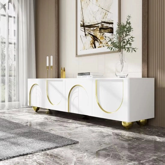 Cassettiere TV - Dressore - Lussuoso - Comodino TV - 4 Porte - Porte a Tessitura - Ornamenti d'Oro - Supporti d'Oro - Senza Maniglie - Apertura a Spinta - Bianco