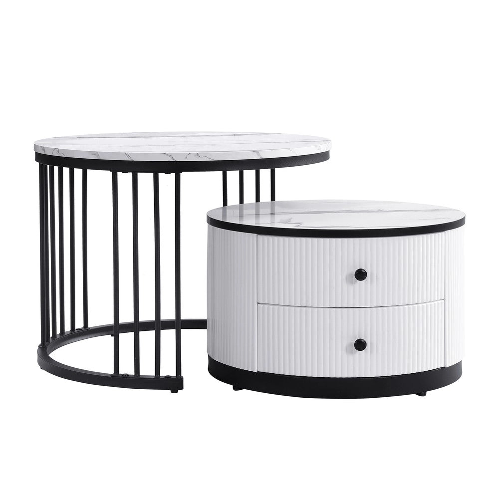 Set 2 Tavolini da Salotto Rotondi ¨C Xylo ¨C Bianco Lucido, Effetto Marmo, 2 Cassetti, 60x60x45 & 50x50x32