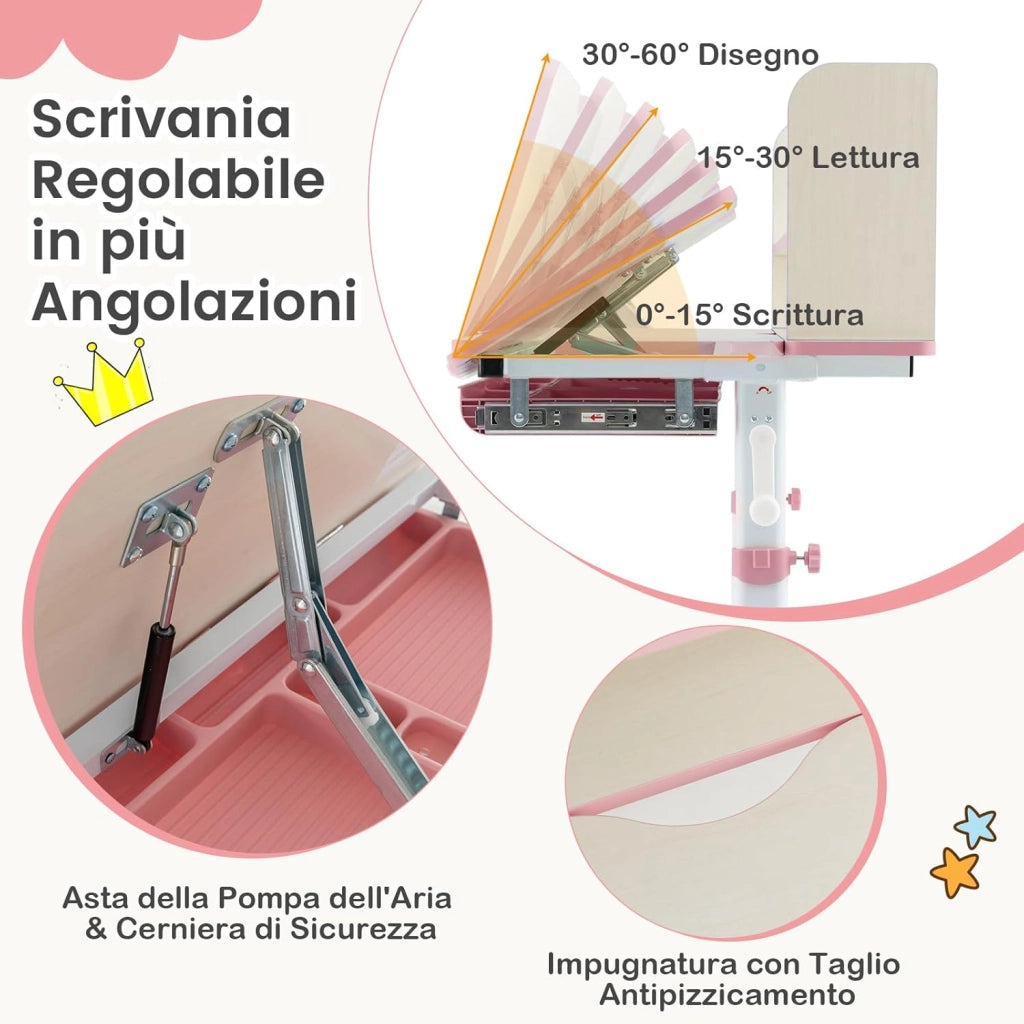 Scrivania per Bambini, Banco Scuola per 3-12 Anni Regolabile in Altezza da 50cm a 73cm con Piano Inclinabile 60°, Scrittoio Cameretta Multifunzionale con Libreria e Cassetto (Rosa)
