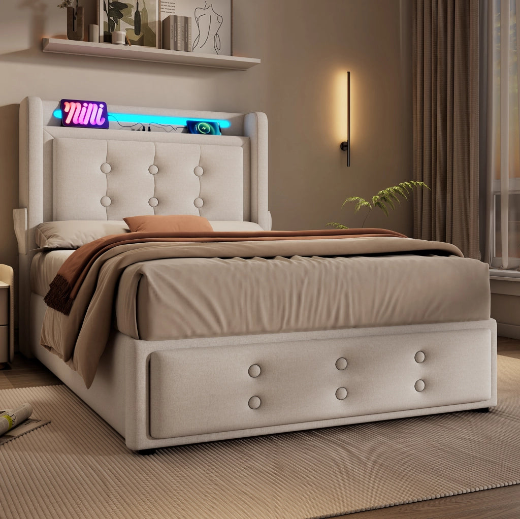 Letto imbottito 90x200 cm con contenitore; LED; prese USB e Type-C; beige