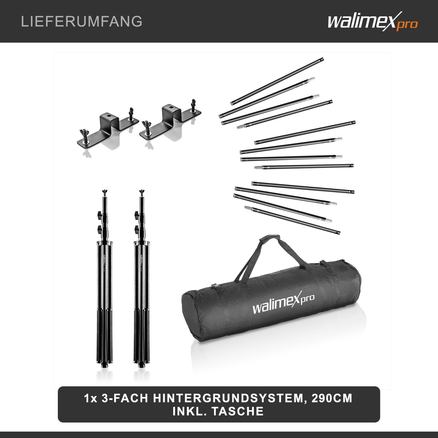 Sistema di sfondi 3x largo 145-290 cm, supporto per fino a 3 tele in carta e tessuto, fondale fotografico fino a 250 cm di altezza per fotografia, video e green screen