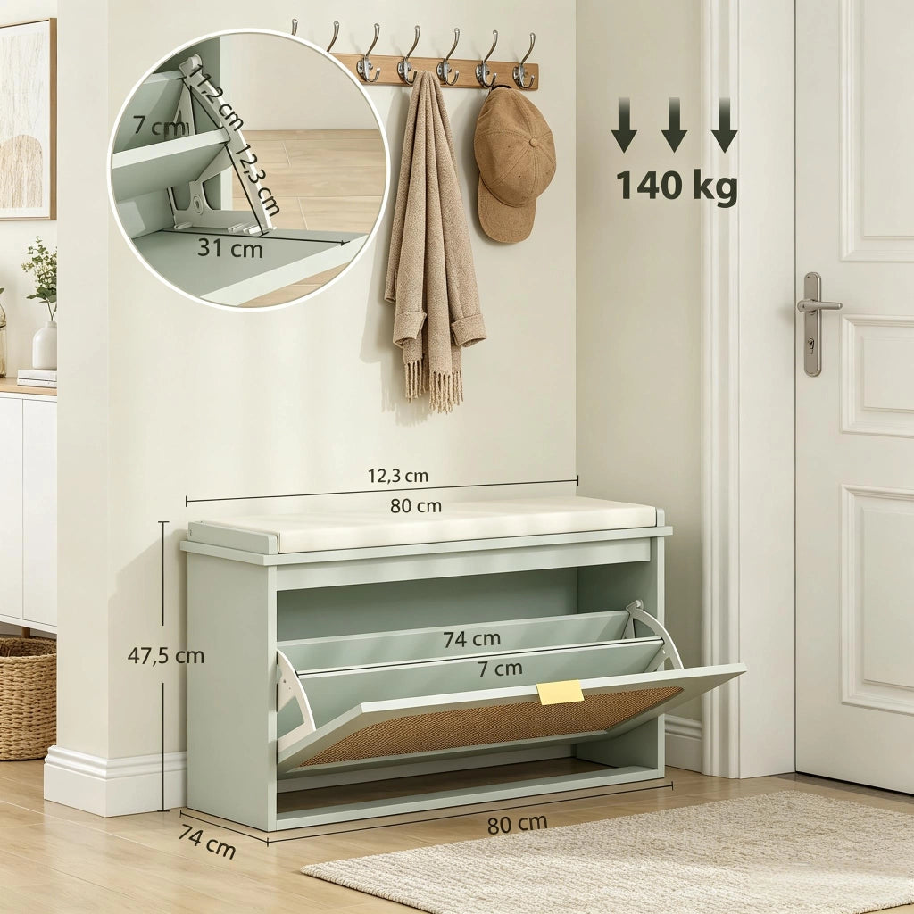 PANCA PORTA SCARPE 80x26x47,5 cm Verde in MDF con cuscino