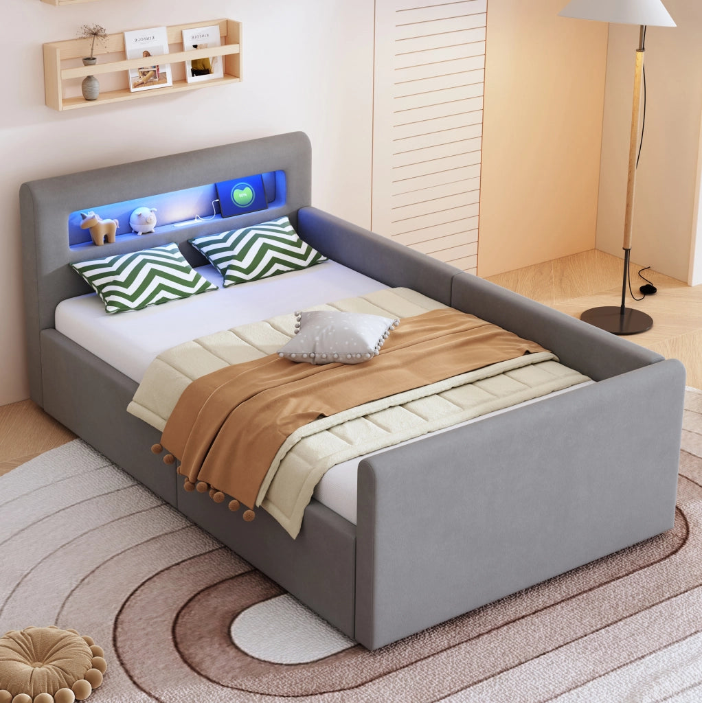 Letto imbottito per bambini 90x200 cm con LED; USB e contenitore idraulico; velluto grigio