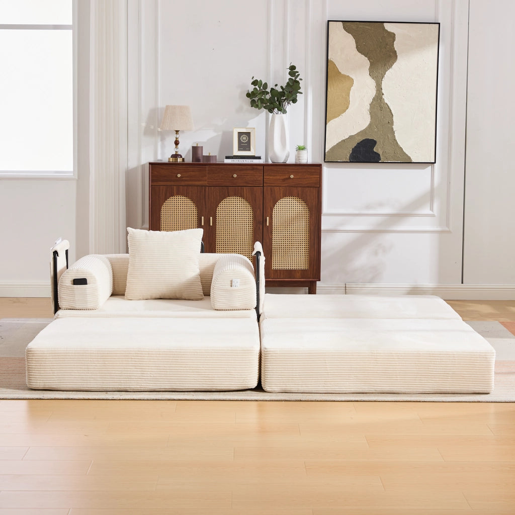 Fauteuil con pouf modulare in velluto a coste con tasca laterale e cuscino beige per soggiorno 112 × 190 × 67 cm