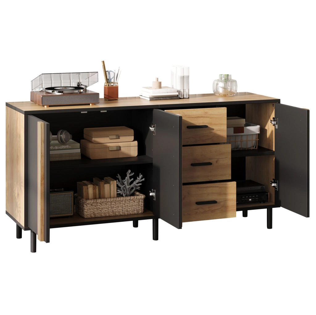 Credenza in MDF 140x35x70 cm con 3 ante; 3 cassetti e 6 gambe in metallo; nera