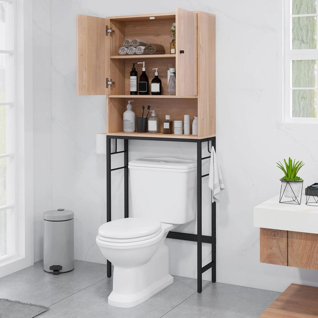 Scaffale Bagno 165,5 cm Sopra WC, Mobile Bagno Salvaspazio con 2 Porte, Ripiano Regolabile, Bara Inferiore Regolabile, 2 Ganci Laterali, Organizzatore sopra Gabinetto per Lavanderia (Naturale)
