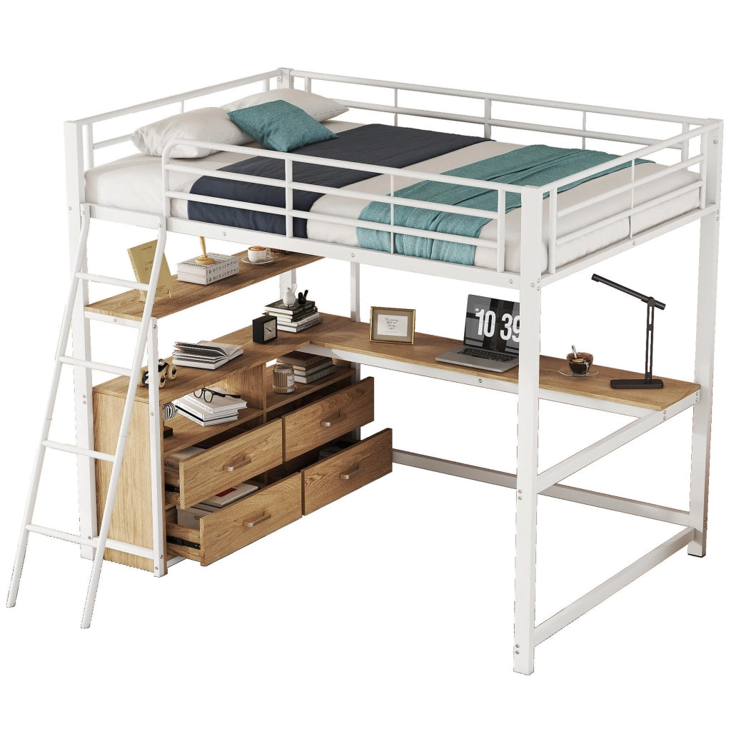 Letto a soppalco 140x200 cm con scrivania a L e cassetti in MDF e metallo bianco