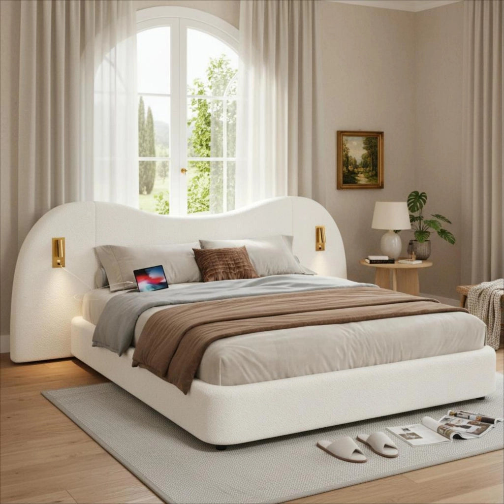 Letto imbottito con contenitore idraulico, USB e lampada, 180x200 cm, bianco bouclé