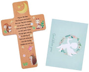 Set di Culla a Croce 2 pezzi - Croce in Legno 16,9 x 11 cm - Ricordo Cristiano - Carta di Preghiera - Sostenibile - Pronto Regalo - Croce per il Battesimo