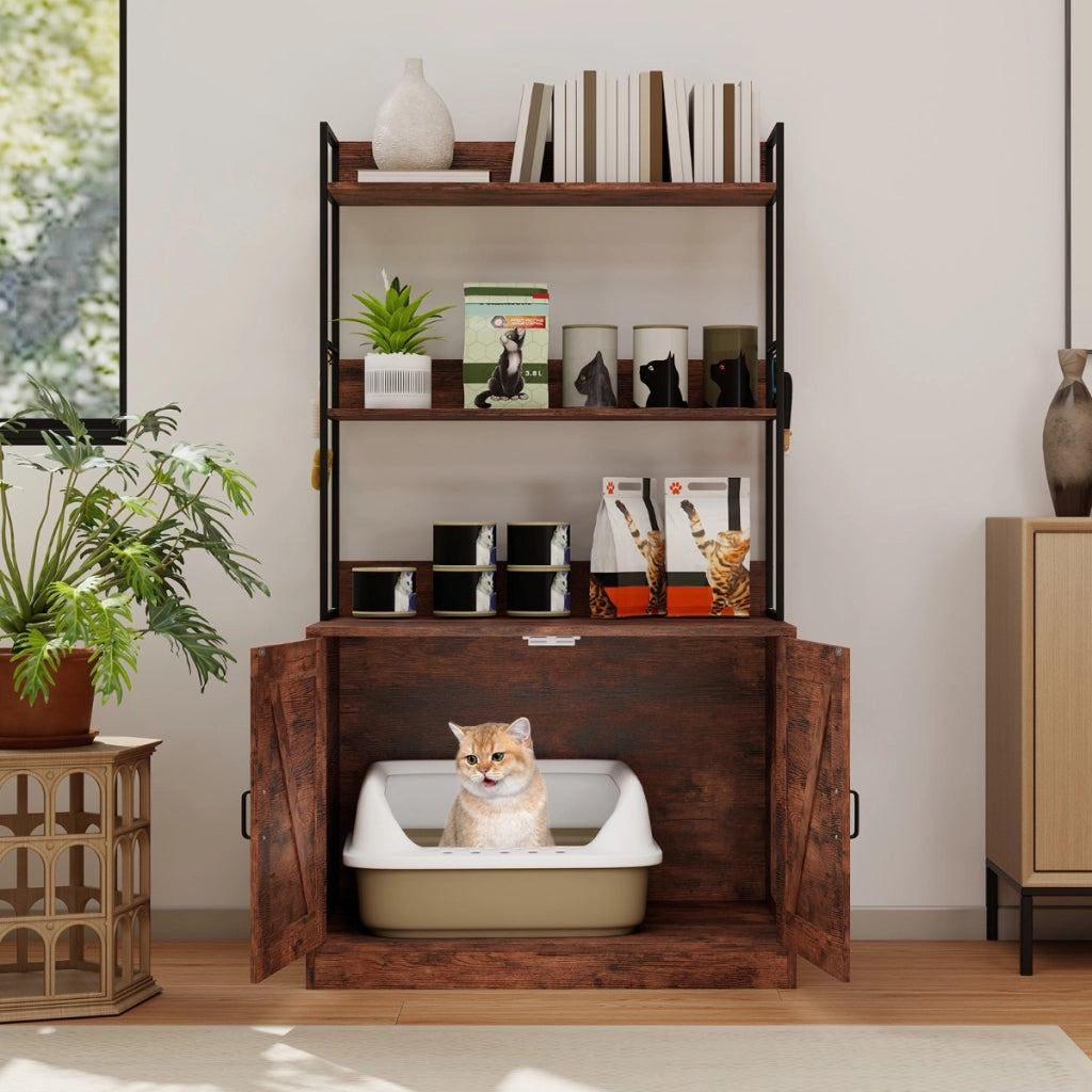 Mobile moderna per lettiera per gatti armadietto nascosto per bagno per gatti con 3 ripiani, Mobile industriale Marrone-Gatti