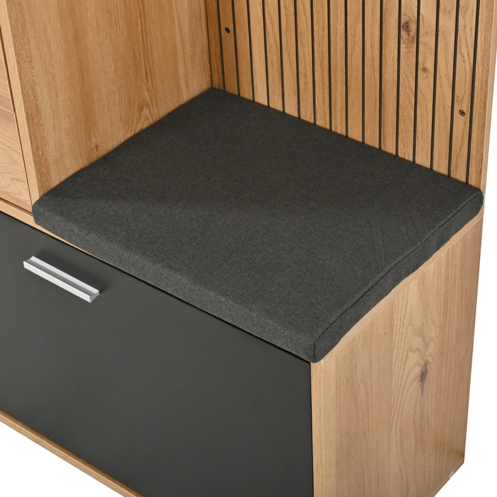 Garderoba da ingresso 120x32x178 cm con specchio; panca e illuminazione LED in MDF; nero e naturale