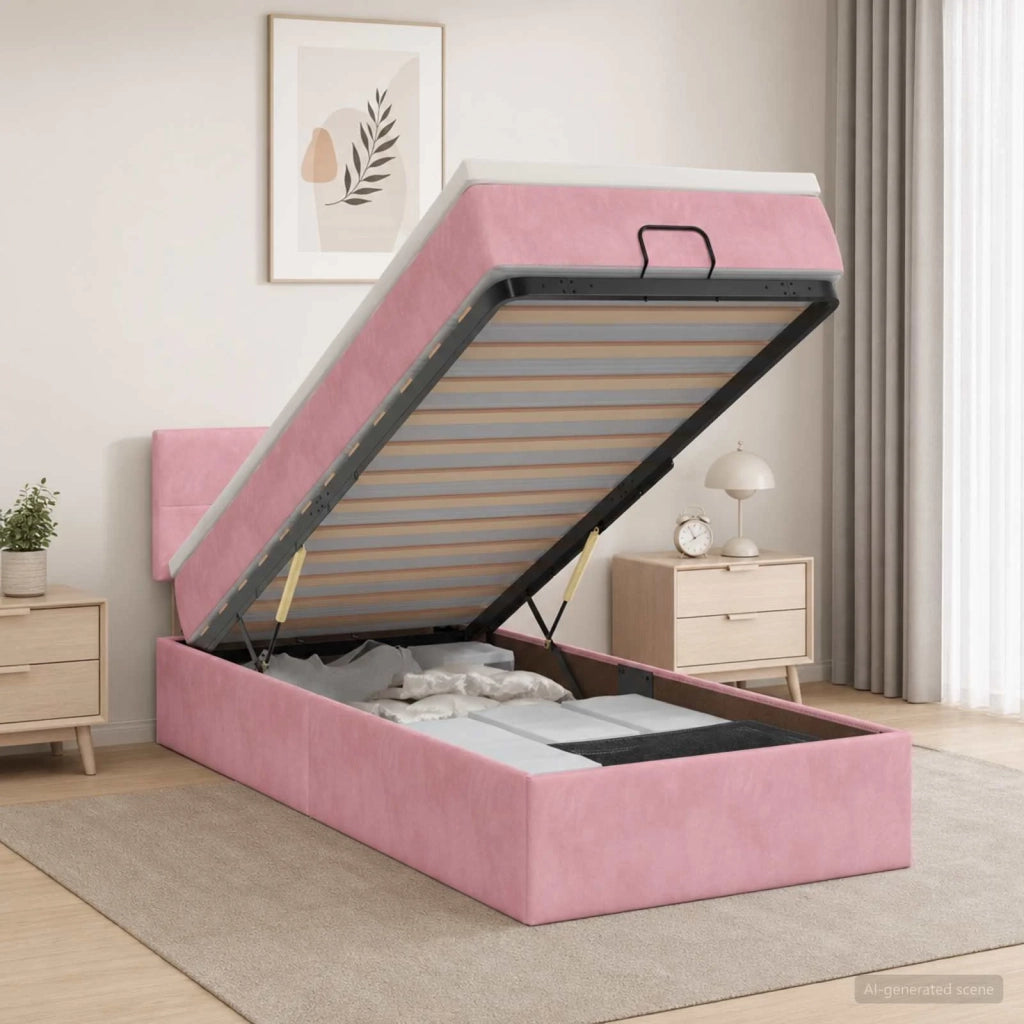 Letto Ottomano con Materasso e LED Rosa 100 x 200 cm Velluto 3457124