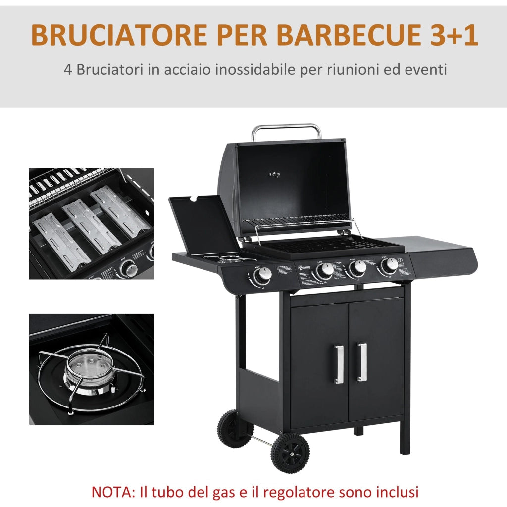 Barbecue a Gas 4 Fuochi 110x50x100 cm in Metallo Nero