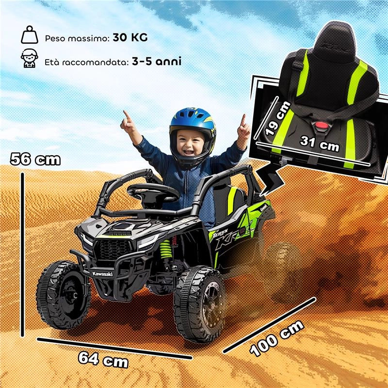 MACCHINA ELETTRICA PER BAMBINI 3-5 ANNI 12V CON LICENZA KAWASAKI, DOPPIO MOTORE, TELECOMANDO E MUSICA, NERO