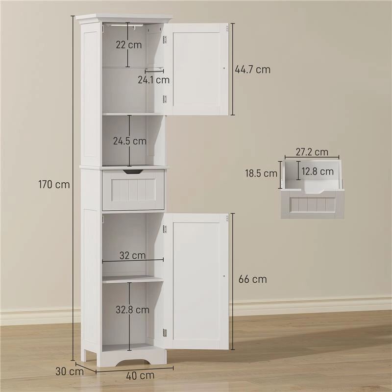 MOBILE COLONNA BAGNO IN LEGNO CON 2 ARMADIETTI CON SENSORE, RIPIANO APERTO E CASSETTO, 40X30X170 CM, BIANCO