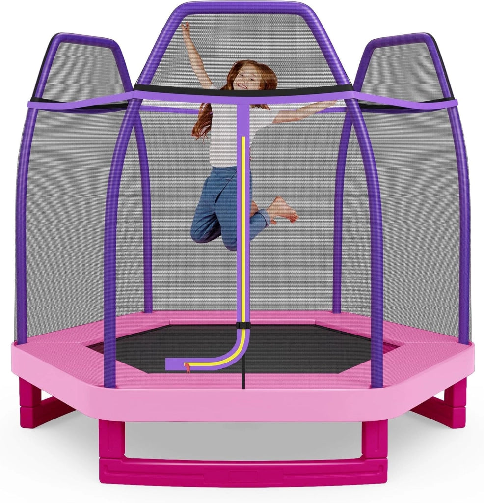 Trampolino Elastico per Bambini 223 cm, Tappeto Elastico per Bambini da Esterno ed Interno con Rete e Cuscinetto a Molle, Portata150 kg, Adatto ai Bambini 3+ Anni