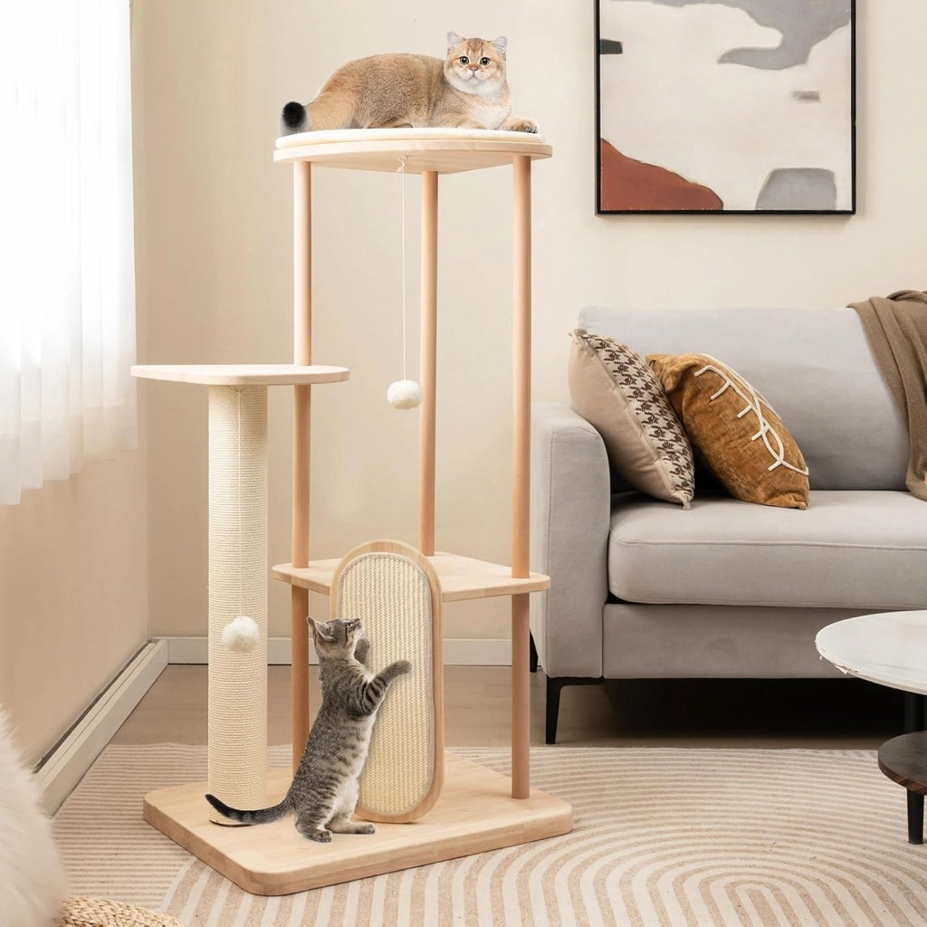 Tiragraffi per Gatti Piccola/Media, Albero per Gatti in Legno a Multilivello con Tavola e Palo Tiragraffi in Sisal, Posto Imbottito, Piattaforma e Palline