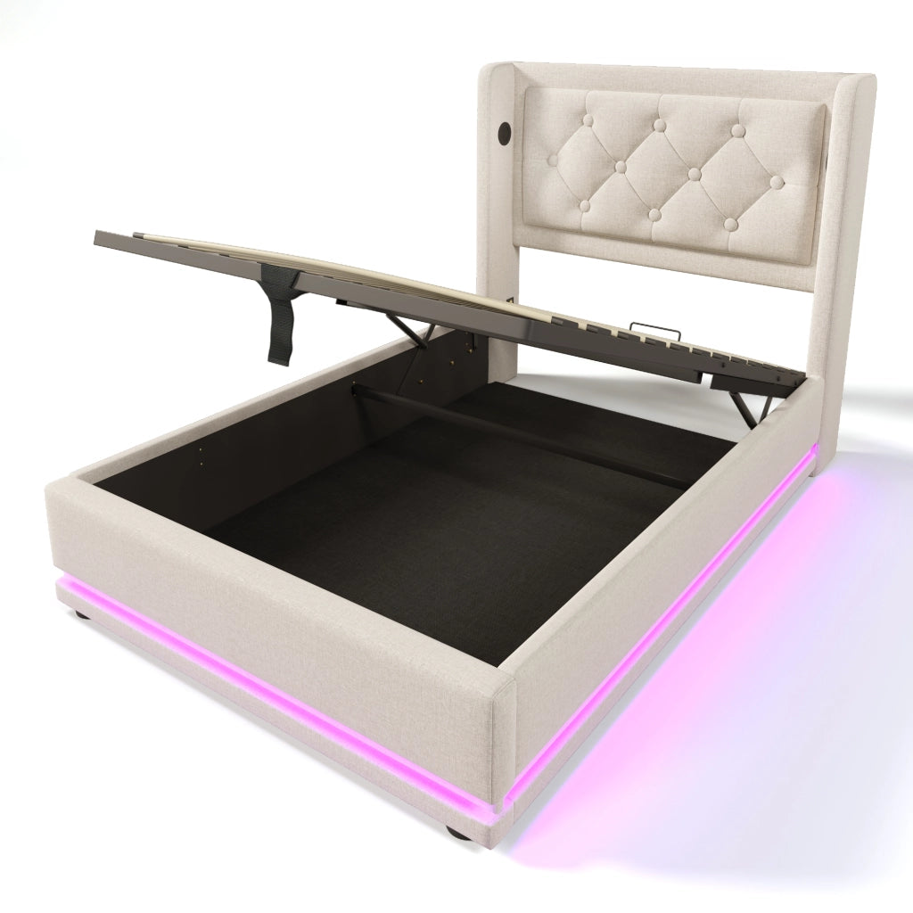 Letto singolo imbottito 90x200 cm beige con contenitore idraulico, testiera con USB Type-C e LED a 3 lati, con materasso