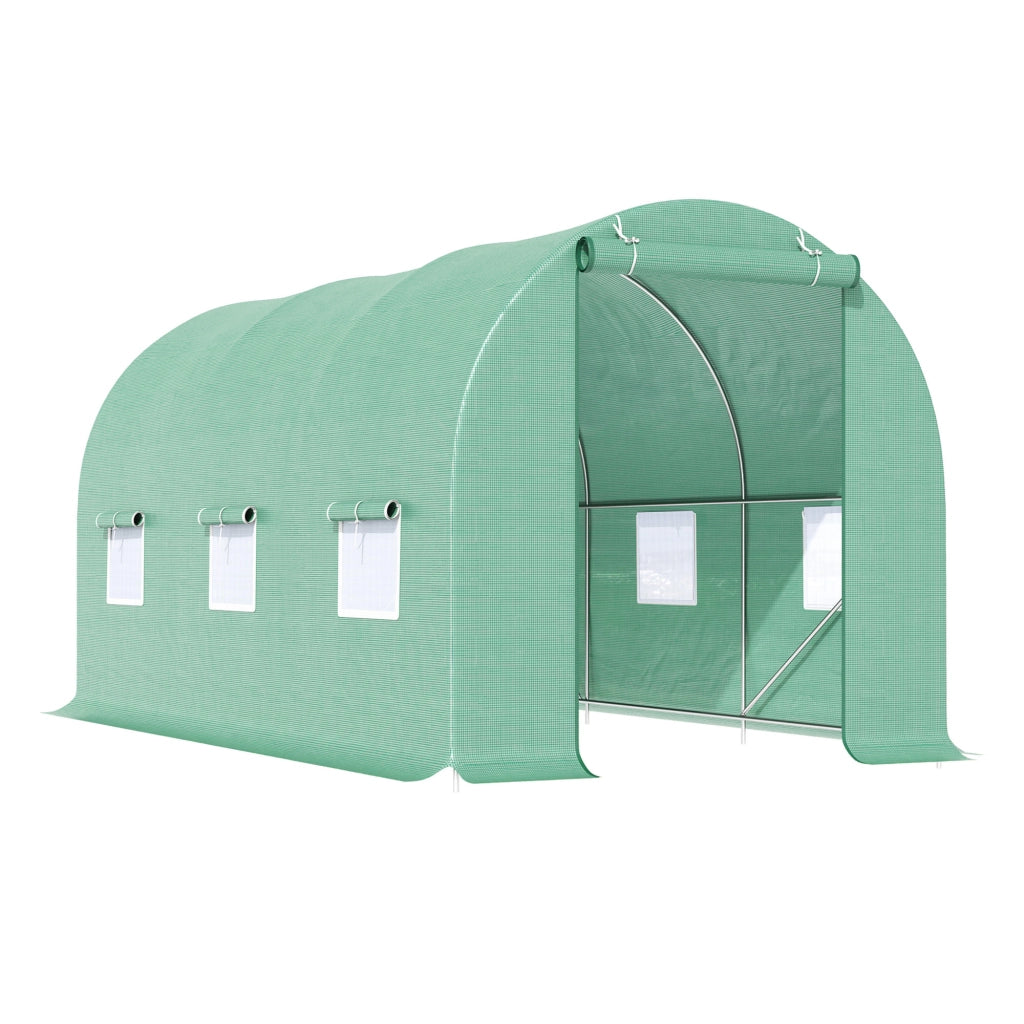 Serra a tunnel con finestre, struttura in acciaio, 445x190x200 cm, verde