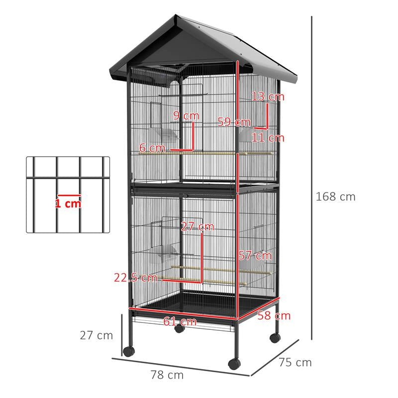 VOLIERA PER UCCELLI A ROTELLE CON VASSOI ESTRAIBILI IN PLASTICA E POSATOI, IN METALLO, 71.8X71.8X170.2 CM, NERO