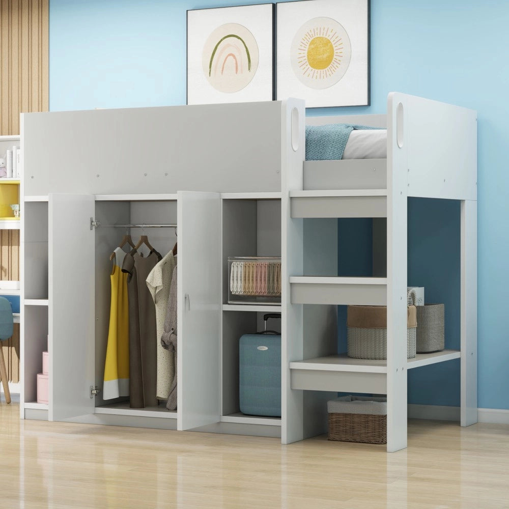 Letto a Soppalco Multifunzione con Armadio e Scaffali ¨C MINIMAL ¨C Grigio 90x200