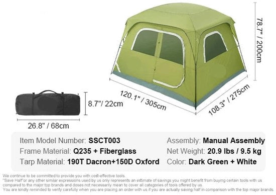 Tenda per Campeggio - 6 Persone - Impermeabile - Tenda da Esterno - Protezione UV - 10x9x7ft - Assemblaggio Rapido - Compresa Tasca Portatile
