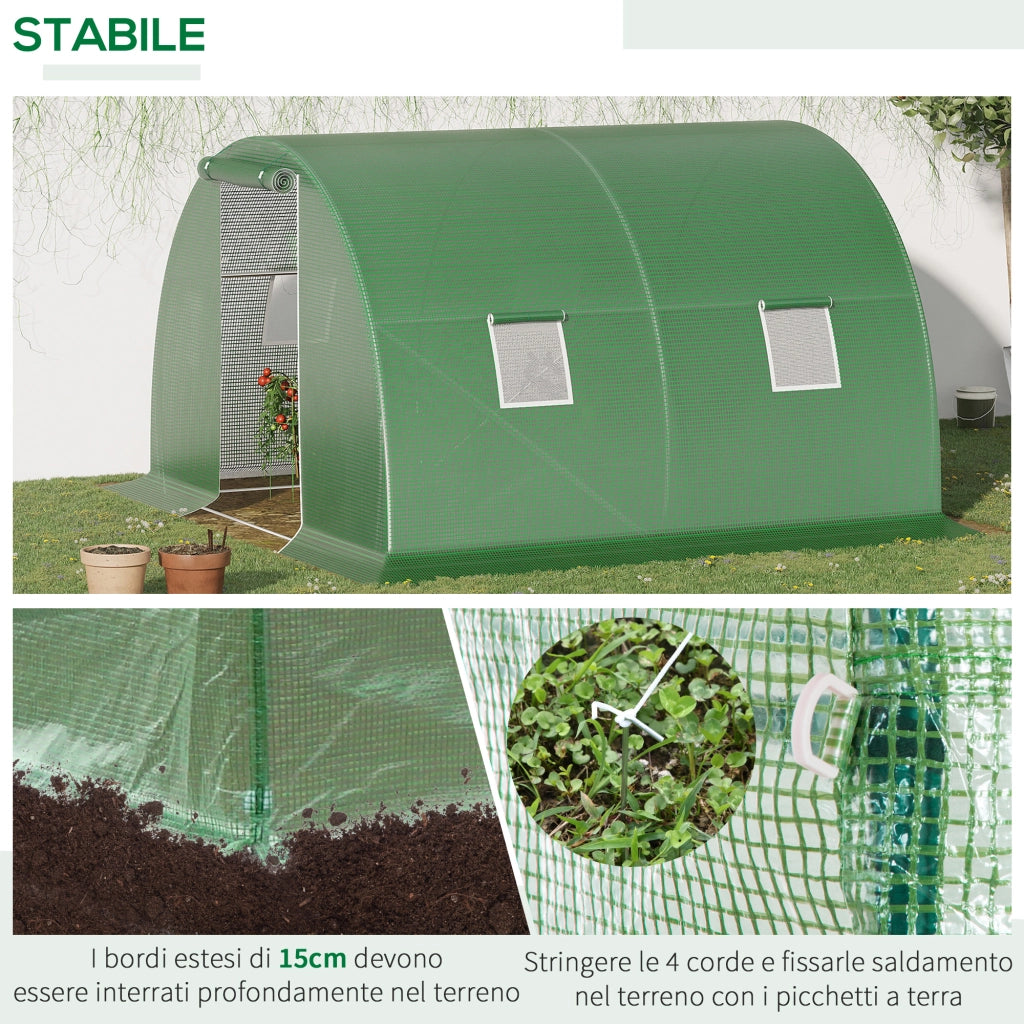 EasyComfort Serra a Tunnel da Esterno 3x3x2m con Copertura in PE, Porta con Cerniera e 4 Finestre, Verde