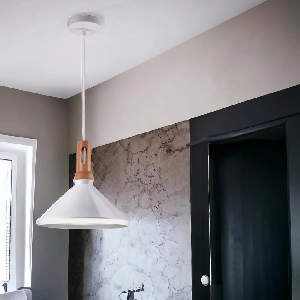 Lampadario a sospensione bianco in metallo con attacco E27, diametro 35 cm, altezza totale 130 cm, stile moderno, IP20