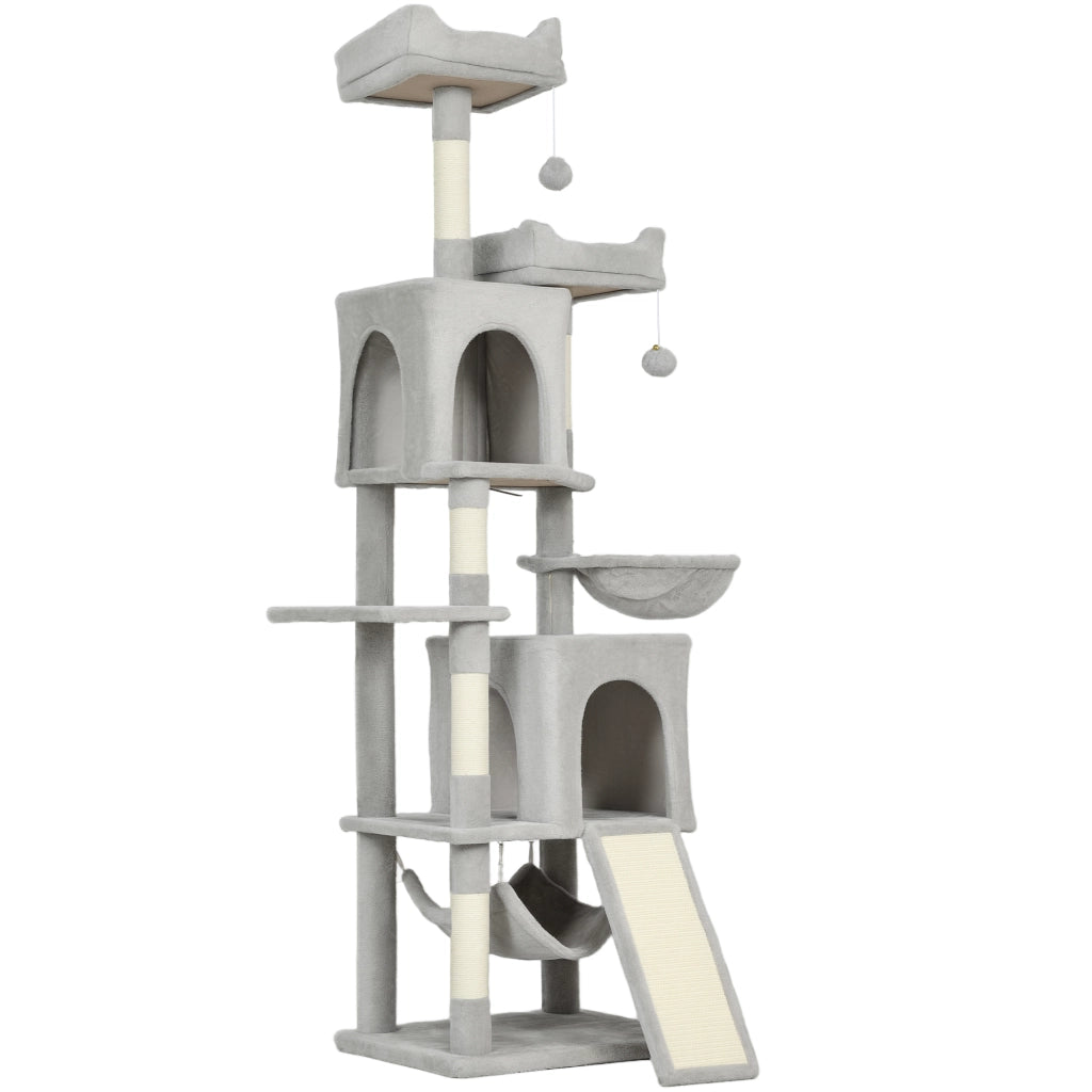 Albero Tiragraffi per Gatti 48x40x177 cm con 2 Casette 2 Lettini Trespolo e 2 Palline Grigio Chiaro e Beige
