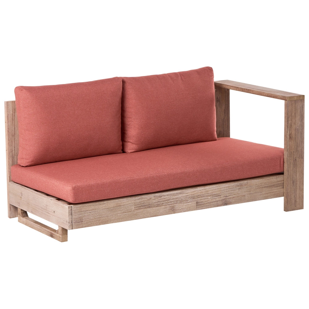 Set Lounge da Esterno con Divano Angolare Sinistro a 5 Posti in Legno di Acacia Certificato Chiaro con Cuscini Rossi e Tavolino Laterale
