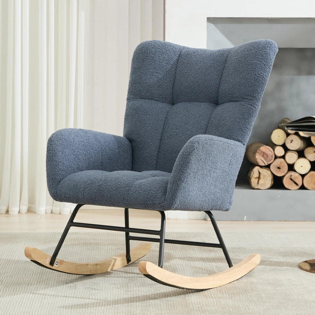 Poltrona a dondolo ergonomica con schienale avvolgente e tasca laterale per interni in tessuto teddy blu navy