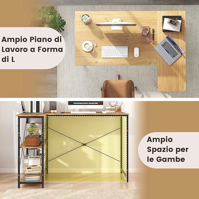 Scrivania Angolare a Forma di L, Scrivania ad Angolo Salvaspazio e Reversibile con Ripiano Regolabile e Struttura in Metallo Resistente, Tavolo per Ufficio e Casa (Legno)