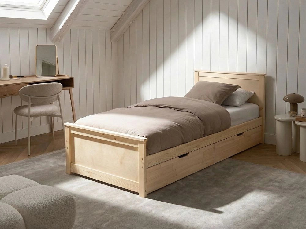 Letto con 4 cassetti in legno di pino naturale e MDF di betulla 90 x 200 cm con testiera in stile scandinavo