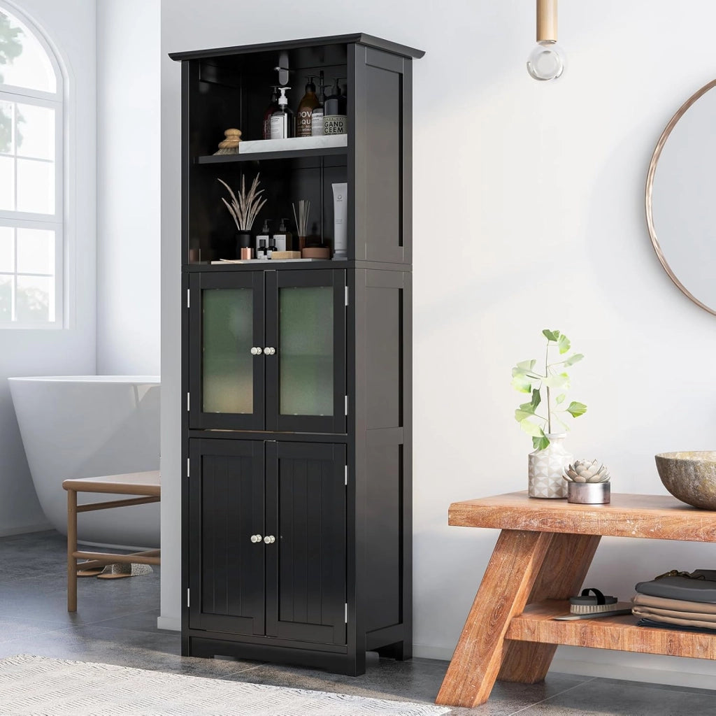 Armadio da Bagno, Mobiletto Alto da Terra con 2 Armadietti e Ripiani Regolabili, con Ante in Vetro, Mobile Portaoggetti Multiusi per Bagno e Soggiorno, 60x30x163 cm (Nero)