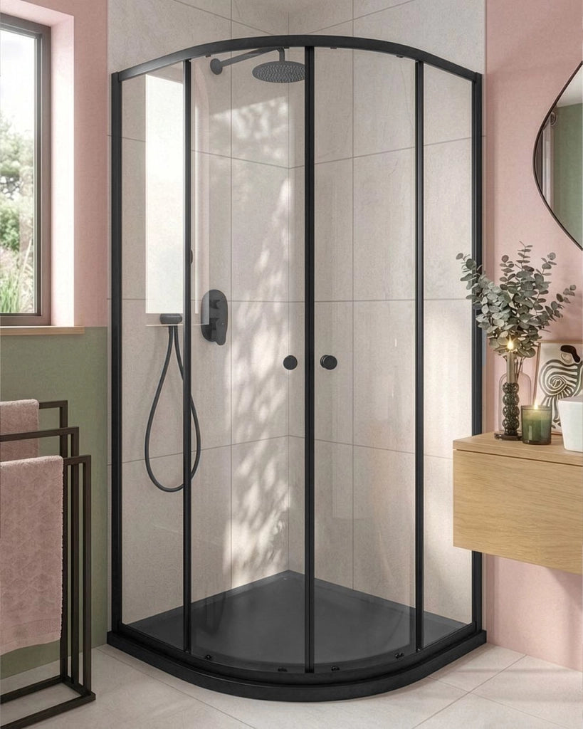 Box doccia semicircolare in vetro temperato con telaio in alluminio nero e porta singola 90 x 90 x 190 cm dal design moderno