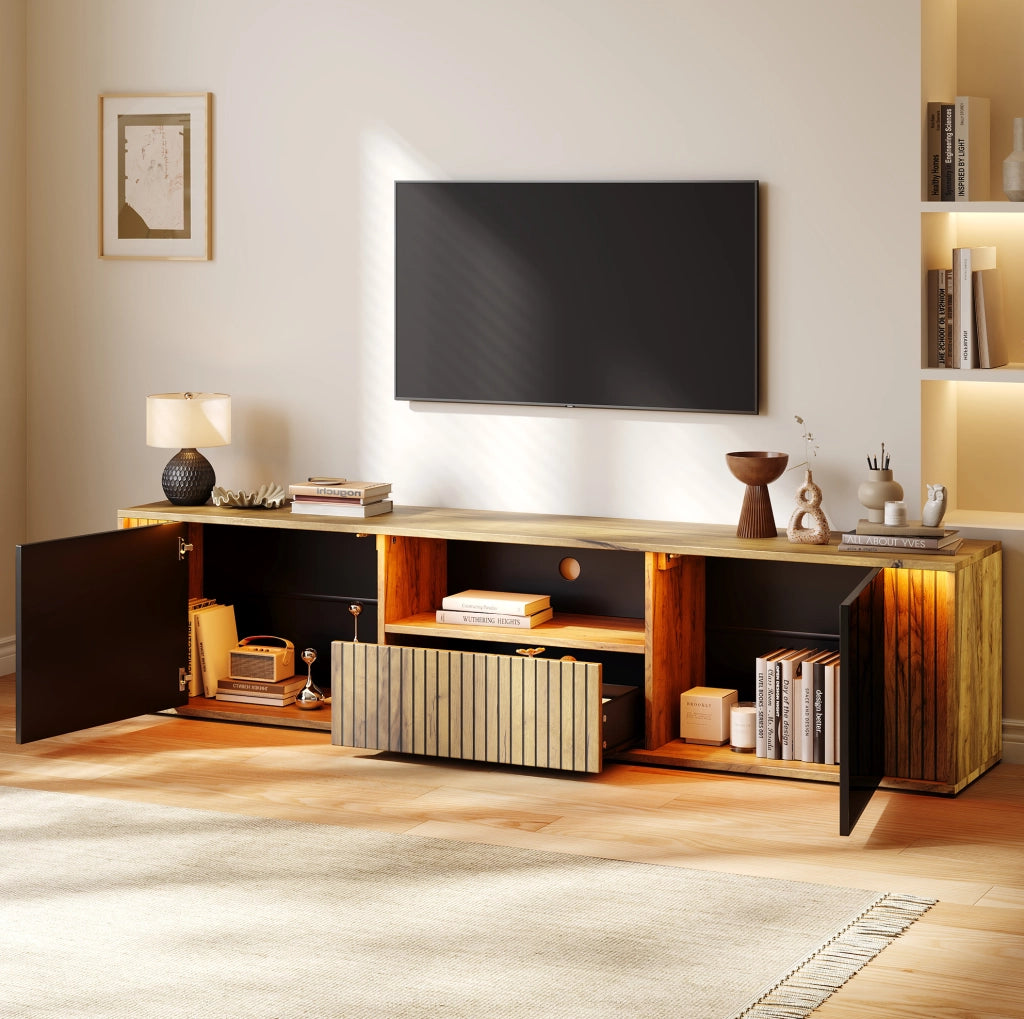 Mobile TV ULEVR 180x40x51 cm con LED Bluetooth, 2 ante e cassetto, nero e legno naturale