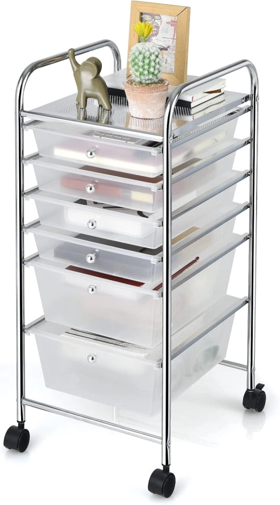 Carrello con 6 Cassetti e Ruote, Cassettiera in Plastica, con Due Dimensioni di Cassetti, Contenitore Multiuso per Casa Bagno e Ufficio, 37 x 74 x 32cm (Nero)