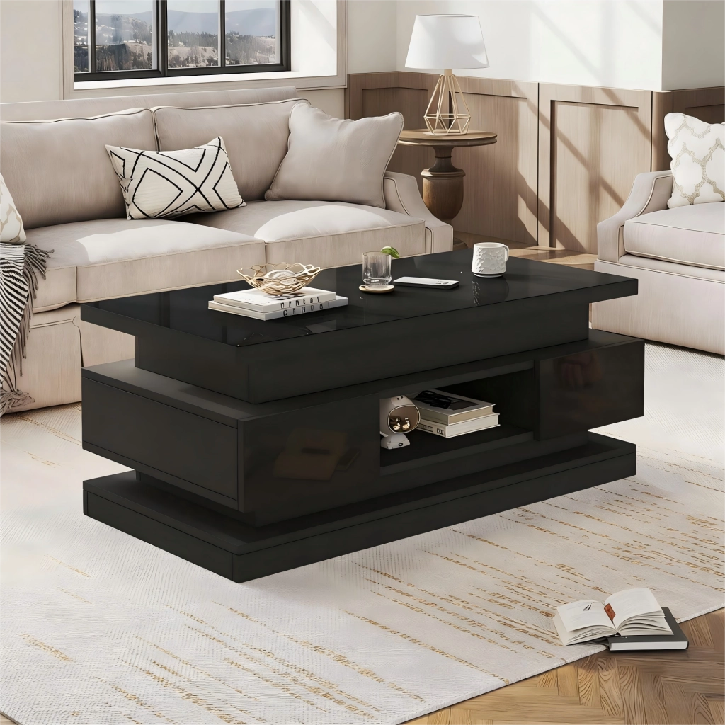 Tavolino basso sollevabile con LED, 2 cassetti e vano contenitore nascosto, per soggiorno, nero, 100 × 50 × 40 cm